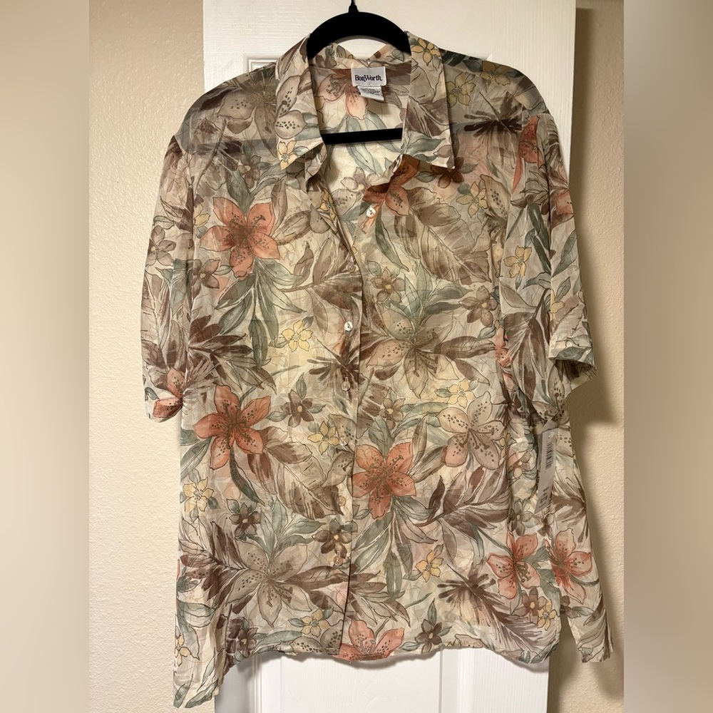 BonWorth Women's Sheer Floral Blouse - Brown and Green